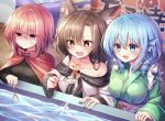  3girls :d :t anger_vein animal_ear_fluff animal_ears bangs bare_shoulders black_shirt blue_bow blue_eyes blue_hair blush bow breasts brooch brown_eyes brown_hair cape collarbone commentary_request dress drill_hair eyebrows_visible_through_hair fang fingernails fish goldfish goldfish_scooping grass_root_youkai_network green_kimono hair_between_eyes hair_bow head_fins high_collar highres imaizumi_kagerou japanese_clothes jewelry kimono long_hair long_sleeves medium_breasts multiple_girls nail_polish obi off-shoulder_dress off_shoulder open_mouth pudding_(skymint_028) purple_sash red_cape red_eyes red_hair red_nails sash sekibanki shaded_face sharp_fingernails shirt short_hair skin_fang smile touhou upper_body wakasagihime water white_dress wolf_ears 