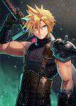  1boy aqua_eyes black_gloves blonde_hair cloud_strife commentary_request eyebrows_visible_through_hair eyes_visible_through_hair final_fantasy final_fantasy_vii gloves hair_between_eyes hand_up highres holding holding_sword holding_weapon kuroi_susumu looking_at_viewer male_focus short_hair solo sword weapon 