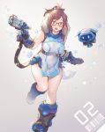  1girl absurdres adapted_costume bare_arms black-framed_eyewear blue_gloves boots breasts brown_hair commentary dress english_commentary fur_trim glasses gloves gun handgun highres large_breasts lino_chang looking_at_viewer mei_(overwatch) open_mouth orange_eyes overwatch overwatch_2 pelvic_curtain ponytail short_dress simple_background sleeveless sleeveless_dress snowflakes solo standing standing_on_one_leg thighs upper_teeth weapon 