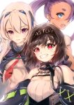  3girls absurdres azur_lane black_hair blue_eyes bluegill_(azur_lane) breasts casablanca_(azur_lane) cooper_(azur_lane) fang hachimaki headband headgear highres long_hair multiple_girls o-ring ponytail purple_eyes purple_hair red_eyes shika_(shika0) short_eyebrows short_hair silver_hair small_breasts smile tan 