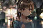  1girl bra_strap brown_hair closed_mouth collarbone connie_(keean2019) expressionless eyebrows_visible_through_hair holding holding_umbrella long_hair looking_at_viewer original purple_eyes rain scenery solo umbrella 