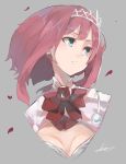  1girl akicosmossakasa ark_royal_(kantai_collection) bangs blue_eyes bob_cut breasts cleavage cleavage_cutout closed_mouth cropped_torso flower grey_background highres kantai_collection petals red_flower red_hair red_neckwear red_rose rose short_hair signature simple_background solo tiara 