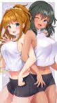  2girls :3 :d ;d bare_shoulders bike_shorts black_shorts breasts commentary_request cowboy_shot crop_top dark_skin green_eyes green_hair highres hino_akane_(idolmaster) idolmaster idolmaster_cinderella_girls large_breasts locked_arms long_hair looking_at_viewer midriff mio_(mgr300) multiple_girls natalia_(idolmaster) navel one_eye_closed open_mouth orange_hair ponytail purple_eyes shirt short_shorts shorts side-by-side sleeveless sleeveless_shirt sleeveless_turtleneck smile stomach turtleneck v-shaped_eyebrows white_shirt 