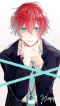  1boy arms_around_neck bangs blue_eyes eyebrows_visible_through_hair hair_between_eyes highres hypnosis_mic id_card kannonzaka_doppo long_sleeves looking_at_viewer multicolored_hair myuhuaki necktie open_clothes open_mouth red_hair short_hair simple_background solo two-tone_hair upper_body white_background 