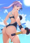  1girl :d ass bangs bare_arms bare_shoulders black_ribbon black_swimsuit blue_eyes blue_sky breasts cloud competition_swimsuit cowboy_shot day dual_wielding eyebrows_visible_through_hair fate/grand_order fate_(series) hair_bun holding large_breasts lens_flare long_hair miyamoto_musashi_(fate/grand_order) miyamoto_musashi_(swimsuit_berserker)_(fate) mokyumokyuchan one-piece_swimsuit open_mouth outdoors purple_hair ribbon sky smile solo sun sweatband swept_bangs swimsuit thighs 