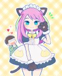  1boy 1girl :3 :d alternate_costume animal_ears apron ayu_(mog) black_dress blue_eyes blush brown_hair cat_ears cat_tail closed_eyes cowboy_shot dress enmaided eyebrows_visible_through_hair gloves hand_up hashimoto_nyaa heart heart_in_mouth interlocked_fingers kemonomimi_mode long_hair looking_at_viewer maid maid_apron maid_headdress matsuno_juushimatsu multicolored_hair notice_lines open_mouth osomatsu-san paw_gloves paws pink_hair puffy_short_sleeves puffy_sleeves short_sleeves smile solo_focus standing streaked_hair tail yellow_background 
