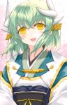  1girl aqua_hair bangs blush breasts commentary_request dragon_horns eyebrows_visible_through_hair fate/grand_order fate_(series) green_hair hair_between_eyes highres horns japanese_clothes kimono kiyohime_(fate/grand_order) long_hair looking_at_viewer morizono_shiki open_mouth smile solo yellow_eyes 