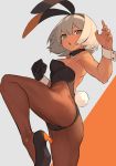  1girl :o alternate_hairstyle animal_ears ass bare_shoulders black_gloves black_hairband blue_eyes breasts bunny_ears bunny_tail bunnysuit commentary_request detached_collar fighting_stance gloves grey_background guwatefu hairband highres looking_at_viewer medium_breasts open_mouth orange_background pantyhose pokemon pokemon_(game) pokemon_swsh saitou_(pokemon) short_hair single_glove solo standing standing_on_one_leg tail two-tone_background white_hair 