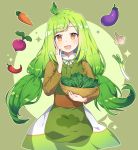  1girl :d bangs basket blush brown_eyes brown_shirt caramell0501 carrot character_request chili cookie_run eggplant eyebrows_visible_through_hair garlic green_apple green_hair green_ribbon hand_up highres holding holding_basket long_hair long_sleeves looking_at_viewer low_twintails neck_ribbon open_mouth radish ribbon shirt skirt smile solo sparkle spring_onion twintails two-tone_background very_long_hair white_skirt 