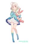  1girl blue_legwear blush bow closed_mouth collarbone eyebrows_visible_through_hair full_body green_bow highres holding holding_stuffed_animal kneehighs lino_chang long_sleeves looking_at_viewer medium_hair original red_eyes solo stuffed_animal stuffed_toy white_hair 