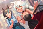  2girls animal_ears bangs bare_shoulders black_dress blush breasts character_request check_character chloe_von_einzbern commentary_request dark_skin dress fang fate/grand_order fate_(series) fox_ears glasses hair_between_eyes highres holding long_hair looking_at_viewer multiple_girls open_mouth pink_hair rotix short_hair small_breasts smile upper_teeth white_hair yellow_eyes 