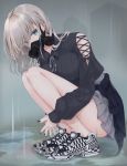  1girl bangs black_nails blue_eyes breasts clothes_around_waist full_body gas_mask hair_between_eyes hands_clasped knees_up looking_at_viewer mask miniskirt original own_hands_together plaid plaid_skirt rain shoes silver_hair skirt sneakers solo squatting tu_(to_sse) 