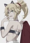  1girl animal_ears back bandeau bangs bare_shoulders blonde_hair braid breasts cat_ears fate/apocrypha fate_(series) french_braid green_eyes hair_ornament hair_scrunchie highres jewelry long_hair looking_at_viewer looking_back mordred_(fate) mordred_(fate)_(all) necklace open_mouth ponytail red_scrunchie scrunchie sidelocks simple_background small_breasts solo tonee 