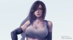  1girl bare_shoulders black_hair breasts brown_eyes cleavage commentary_request earrings elbow_gloves final_fantasy final_fantasy_vii final_fantasy_vii_remake gloves hand_on_hip highres jewelry large_breasts long_hair low-tied_long_hair mao_san muscle muscular_female shirt skirt suspender_skirt suspenders tank_top taut_clothes taut_shirt tifa_lockhart toned upper_body very_long_hair white_tank_top 