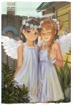  2girls :d ^_^ alphonse_(white_datura) angel_wings arms_behind_back bangs bare_arms bare_shoulders black_eyes black_hair blush braid brown_hair building closed_eyes commentary dress english_commentary english_text facing_viewer feathered_wings feet_out_of_frame fence flower flower_wreath glasses hair_bun hair_flower hair_ornament head_wreath highres lantern lifebuoy looking_at_viewer multiple_girls open_mouth original parted_bangs plant red-framed_eyewear rose scrunchie semi-rimless_eyewear sidelocks sleeveless sleeveless_dress smile standing sundress twin_braids under-rim_eyewear waving white_flower white_rose white_wings wings wooden_fence wrist_scrunchie 