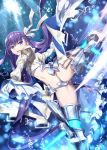  1girl ass_visible_through_thighs bangs blue_eyes blush bubble commentary_request fate/extra fate/extra_ccc fate/grand_order fate_(series) gabiran hair_ribbon kicking long_hair looking_at_viewer meltryllis navel purple_hair ribbon sleeves_past_fingers sleeves_past_wrists smile solo very_long_hair 