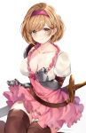  1girl armor bangs belt blonde_hair blush boots bow breasts brown_eyes brown_footwear cleavage closed_mouth collarbone commentary_request djeeta_(granblue_fantasy) dress eyebrows_visible_through_hair fighter_(granblue_fantasy) frills gauntlets granblue_fantasy hairband highres hinahino looking_at_viewer medium_breasts panties pink_bow pink_dress pink_panties puffy_sleeves shiny shiny_hair short_dress short_hair signature simple_background solo sweat sweatdrop sword thigh_boots thighhighs underwear weapon 