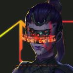  1girl android artist_name character_name closed_mouth cyberpunk_2077 cyborg earphones english_text extra_eyes facing_viewer glowing hair_pulled_back highres long_hair overwatch ponytail portrait purple_hair purple_lips purple_skin robot_joints solo squidsmith widowmaker_(overwatch) 