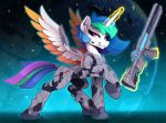  2020 digital_media_(artwork) english_text equid equine eyebrows eyelashes female feral friendship_is_magic grin gun hi_res horn looking_at_viewer mammal my_little_pony princess_celestia_(mlp) ranged_weapon smile solo teeth text unicorn_horn weapon winged_unicorn wings yakovlev-vad 