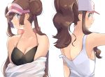  2girls baseball_cap blue_eyes blush bow breasts brown_hair cleavage double_bun hair_bun hat highres looking_at_viewer looking_back low_twintails mei_(pokemon) multiple_girls open_mouth pokemon pokemon_(game) pokemon_bw pokemon_bw2 ponytail ririmon simple_background smile strap_slip tank_top touko_(pokemon) twintails undressing upper_body visor_cap white_background 