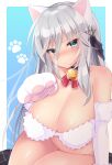  1girl animal_ears animal_hands bangs bell breasts bright_pupils cat_ears cat_paws cleavage closed_mouth eyes_visible_through_hair gloves hair_between_eyes hair_ornament hand_up jingle_bell large_breasts light_blue_eyes long_hair nnmi11 paw_gloves paw_print senkou_(senran_kagura) senran_kagura silver_hair solo star_(symbol) star_hair_ornament very_long_hair white_pupils 