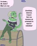  amulet_of_mara anthro argonian bethesda_softworks bow choker claws clothing dialogue english_text female fishnet fishnet_legwear green_body green_scales hashdrawingslasher hi_res horn jewelry lace legwear maid_uniform necklace nipple_outline purple_eyes scales scalie sitting solo speech_bubble spines text the_elder_scrolls thigh_highs treasure_chest uniform video_games 