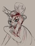  2020 african_wild_dog anthro blood bodily_fluids canid canine clothed clothing fur hi_res inner_ear_fluff juantriforce042 licking licking_lips mammal milo_(juantriforce) simple_background solo teeth tongue tongue_out tuft 