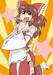  1girl bow brown_eyes brown_hair detached_sleeves hair_bow hair_tubes hakurei_reimu hand_to_own_mouth leg_up nicetack ofuda open_mouth ribbon-trimmed_sleeves ribbon_trim smile solo touhou wide_sleeves 