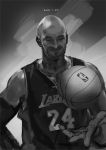  1boy ball basketball basketball_jersey basketball_uniform burari closed_eyes commentary dark_skin dated detached_sleeves english_commentary facial_hair greyscale kobe_bryant los_angeles_lakers male_focus monochrome national_basketball_association single_detached_sleeve solo sportswear stubble very_dark_skin 