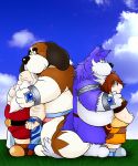  2008 anthro black_nose bottomwear brown_body brown_fur canid canine canis clothing domestic_dog eyes_closed fur group hug hugging_from_behind human kemono loincloth male mammal norataro outside overweight overweight_male shirt shorts topwear white_body white_fur 