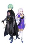  1boy 1girl absurdres armor black_cape black_gloves byleth_(fire_emblem) byleth_(fire_emblem)_(male) cape closed_mouth commentary dress fire_emblem fire_emblem:_three_houses gloves green_eyes green_hair hair_ornament high_heels highres holding holding_sword holding_weapon long_hair long_sleeves lysithea_von_ordelia nyorotono pink_eyes short_hair simple_background sword weapon white_background white_hair white_legwear 