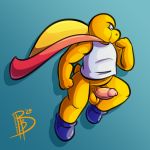  1:1 2020 anthro balls bibbidy blue_background blue_clothing blue_eyes blue_footwear blue_shoes bottomless cape clothed clothing fist flying footwear genitals hi_res koopa_troopa male penis scalie shirt shoes signature simple_background slightly_chubby solo super_koopa_troopa tank_top topwear yellow_body 