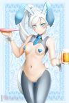  1girl alcohol alfred_cullado animal_ears bangs banned_artist bare_shoulders beer beer_mug blue_eyes blue_neckwear blush bunny_ears bunny_tail closed_mouth covered_nipples cowboy_shot cup eyebrows_visible_through_hair fake_tail front-seamed_legwear grey_legwear heart_pasties highres holding holding_cup holding_tray long_hair looking_at_viewer maebari meme_attire mug navel necktie pasties ponytail reverse_bunnysuit reverse_outfit rwby scar scar_across_eye seamed_legwear smile solo stomach swept_bangs tail tray very_long_hair watermark web_address weiss_schnee wrist_cuffs 