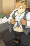  2011 anthro belly blush bottomwear bulge canid canine clothing eyewear glasses hi_res humanoid_hands kemono male mammal navel nikiciy overweight overweight_male pants shirt sitting solo topwear 