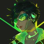  1girl artist_name bangs black_background black_hair brown_hair character_name cyberpunk_2077 cyborg earrings glowing goggles green_theme half-closed_eyes headphones highres jewelry lips lipstick looking_away makeup overwatch parted_lips portrait robot_joints short_hair smile solo spiked_hair squidsmith swept_bangs tracer_(overwatch) 