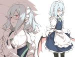  1girl alternate_costume asutora bat_wings blue_hair blush collarbone cosplay enmaided hair_between_eyes izayoi_sakuya izayoi_sakuya_(cosplay) looking_at_viewer low_wings maid maid_headdress male_hand multiple_views pointy_ears red_eyes remilia_scarlet short_hair touhou wings 