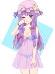  1girl ;/ blush breasts cleavage highres patchouli_knowledge purple_eyes purple_hair purple_headwear purple_nightgown riruku see-through touhou 