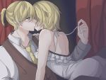  1boy 1girl adolescence_(vocaloid) arched_back bare_arms bare_shoulders blonde_hair blue_eyes brother_and_sister cheek-to-cheek collarbone curtains frilled_camisole frown hair_ribbon hand_on_another&#039;s_shoulder imminent_kiss incest kagamine_len kagamine_rin kefuko_(user_gheu2755) necktie on_person ribbon sad short_ponytail shoulder_blades siblings sleeveless_blazer slender_waist spaghetti_strap twincest twins unbuttoned unbuttoned_shirt untying vocaloid white_camisole yellow_neckwear 