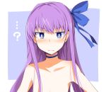  1girl ? bangs bare_shoulders blue_background blue_eyes blue_ribbon blush border breasts chata_maru_(irori_sabou) choker closed_mouth fate/grand_order fate_(series) frown hair_ribbon highres long_hair looking_at_viewer meltryllis meltryllis_(swimsuit_lancer)_(fate) purple_hair ribbon small_breasts solo very_long_hair white_border 