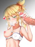  1girl absurdres bandeau blonde_hair braid breasts clarent covered_nipples fate/apocrypha fate/grand_order fate_(series) french_braid green_eyes grin hair_ornament hair_scrunchie handjob hetero highres long_hair looking_at_viewer medium_breasts mordred_(fate) mordred_(fate)_(all) navel nipples one_breast_out penis ponytail precum rebaria red_scrunchie scrunchie shiny shiny_hair shiny_skin smile solo solo_focus teeth 