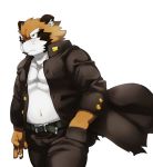  2011 anthro bottomwear brown_body brown_fur canid canine clothing fur hi_res humanoid_hands kemono male mammal nikiciy pants raccoon_dog simple_background slightly_chubby solo tanuki white_background 