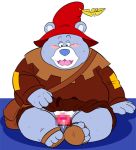  2008 anthro balls belly blue_body blue_fur blush censored clothing disney footwear fur genitals gummi_bears hat headgear headwear humanoid_hands kemono male mammal norataro overweight overweight_male penis robe sandals sitting solo tummi_gummi ursid 