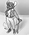  anthro aviator_jacket female hi_res mammal monochrome mouse murid murine rodent skateboard solo wick_(artist) 