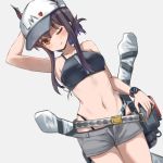  1girl ;) absurdres arknights arm_up armpits bangs bare_arms bare_shoulders baseball_cap belt bikini black_bikini black_hair blush breasts ch&#039;en_(arknights) commentary_request cowboy_shot dragon_horns dutch_angle grey_background grey_shorts hat highres horns horns_through_headwear koi0806 long_hair looking_at_viewer medium_breasts navel one_eye_closed partial_commentary pouch red_eyes short_shorts shorts sidelocks simple_background smile solo standing stomach swimsuit 