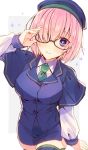  1girl alternate_costume bangs blush breasts commentary_request eyebrows_visible_through_hair fate/grand_order fate_(series) glasses hair_over_one_eye highres large_breasts lavender_hair looking_at_viewer mash_kyrielight purple_eyes purple_hair purple_legwear short_hair smile solo thighhighs wasa_(pixiv29582664) 