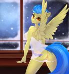  absurd_res anthro big_breasts bodily_fluids breasts butt clothing cutie_mark equid equine female genital_fluids genitals hi_res lingerie looking_at_viewer looking_back mammal my_little_pony panties panties_down pterippus pussy pussy_juice snow snowing solo u_lu_lu underwear window wings 