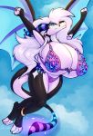  2020 absurd_res anthro breasts day detailed_background digital_media_(artwork) female flying hair hi_res horn membrane_(anatomy) membranous_wings non-mammal_breasts oksara outside sky smile solo white_hair wings 
