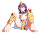  1girl absurdres ahoge breasts circlet earrings egyptian_clothes eyebrows_visible_through_hair feet full_body groin hair_between_eyes highres jashin-chan_dropkick jewelry legs looking_at_viewer looking_down medusa_(jashin-chan_dropkick) navel open_mouth purple_eyes purple_hair short_hair shumazarashi sideboob sitting skirt small_breasts solo toes usekh_collar white_background 