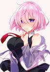  1girl bangs blush breasts commentary_request eyebrows_visible_through_hair fate/grand_order fate_(series) hair_over_one_eye highres large_breasts lavender_hair looking_at_viewer mash_kyrielight purple_eyes purple_hair short_hair simple_background solo wasa_(pixiv29582664) white_background 