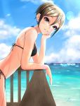  1girl :d =d absurdres arm_support bangs bare_arms bare_legs bikini black_bikini black_bikini_bottom black_bikini_top black_eyes blue_sky breasts chin_rest cloud deck earrings eyebrows_visible_through_hair grey_hair hair_between_eyes halterneck hand_on_own_chin hand_on_own_face highres idolmaster idolmaster_cinderella_girls jewelry looking_at_viewer medium_breasts ocean open_mouth outdoors shiomi_shuuko short_hair side-tie_bikini sky smile solo swimsuit varisr33gtr water wooden_railing 